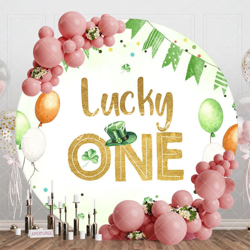 Aperturee - Aperturee Green Balloons Lucky One Round Birthday Backdrop