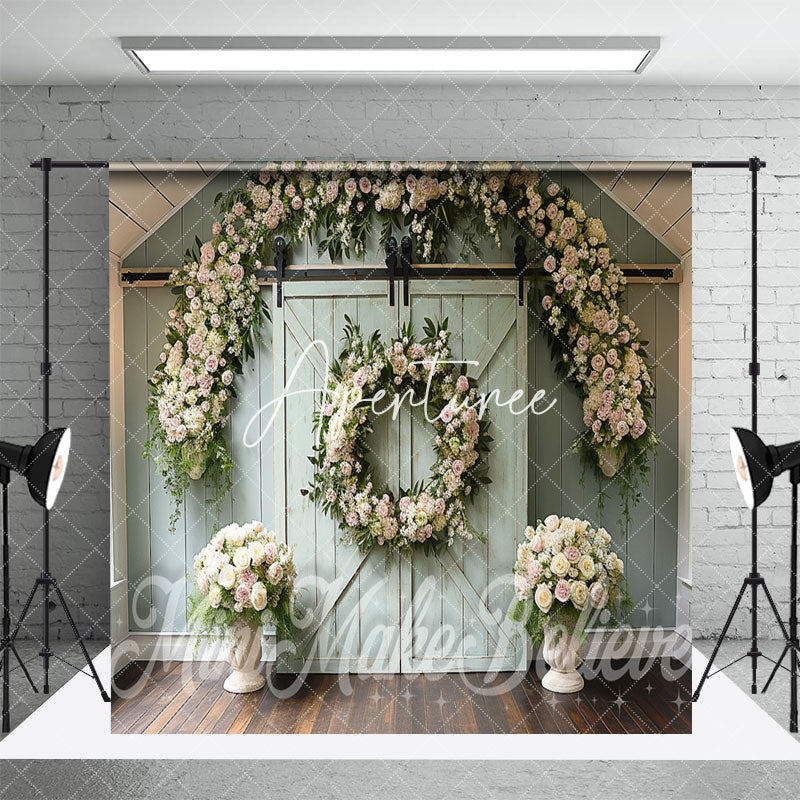 Aperturee - Aperturee Green Barn Door Floral Wedding Room Set Backdrop