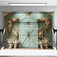 Aperturee - Aperturee Green Barn Door Floral Wedding Room Set Backdrop