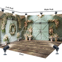 Aperturee - Aperturee Green Barn Door Floral Wedding Room Set Backdrop