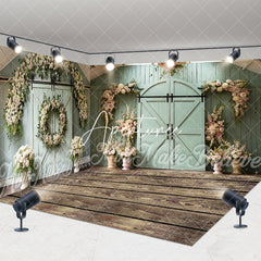 Aperturee - Aperturee Green Barn Door Floral Wedding Room Set Backdrop