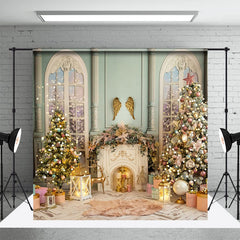 Aperturee - Aperturee Green Beige Palace Fireplace Christmas Tree Backdrop