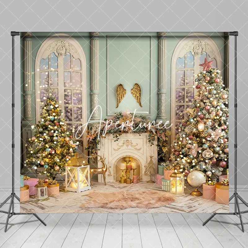 Aperturee - Aperturee Green Beige Palace Fireplace Christmas Tree Backdrop