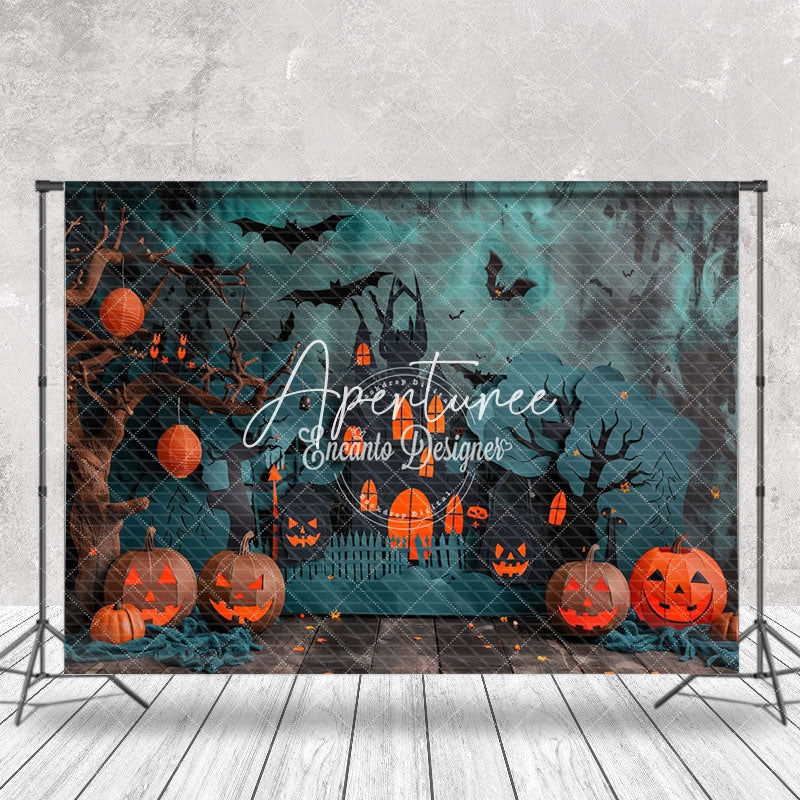 Aperturee - Aperturee Green Black Wall Castle Pumpkins Halloween Backdrop