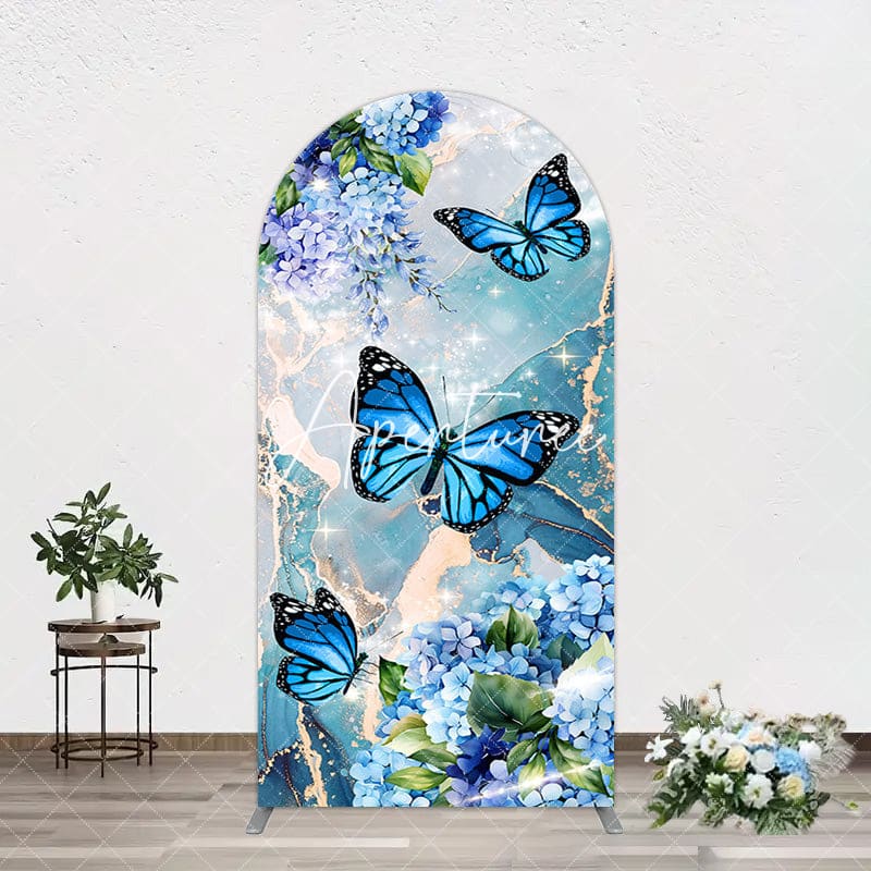 Aperturee - Aperturee Green Blue Marbled Floral Butterfly Arch Backdrop