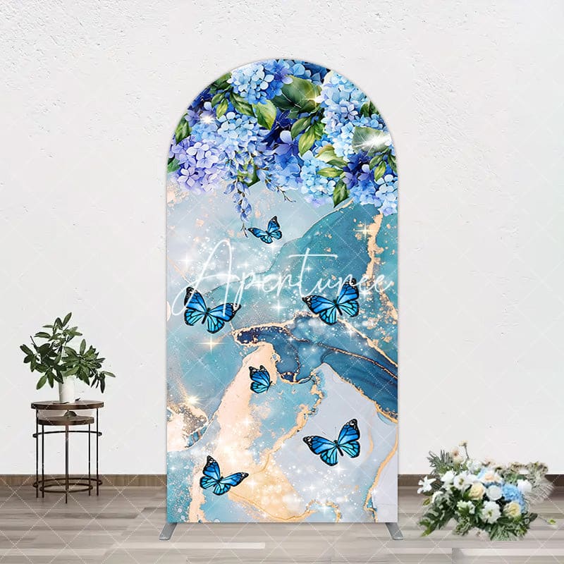 Aperturee - Aperturee Green Blue Marbled Floral Butterfly Arch Backdrop