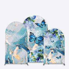 Aperturee - Aperturee Green Blue Marbled Floral Butterfly Arch Backdrop