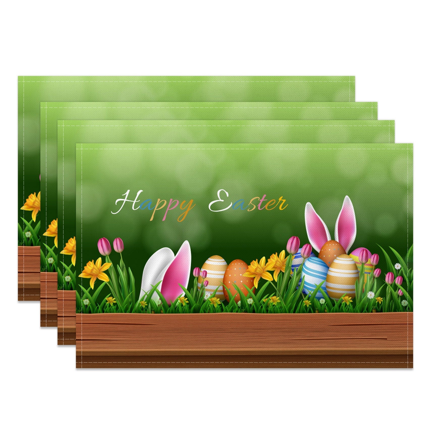 Aperturee - Aperturee Green Bokeh Lawn Eggs Bunny Easter Set Of 4 Placemats