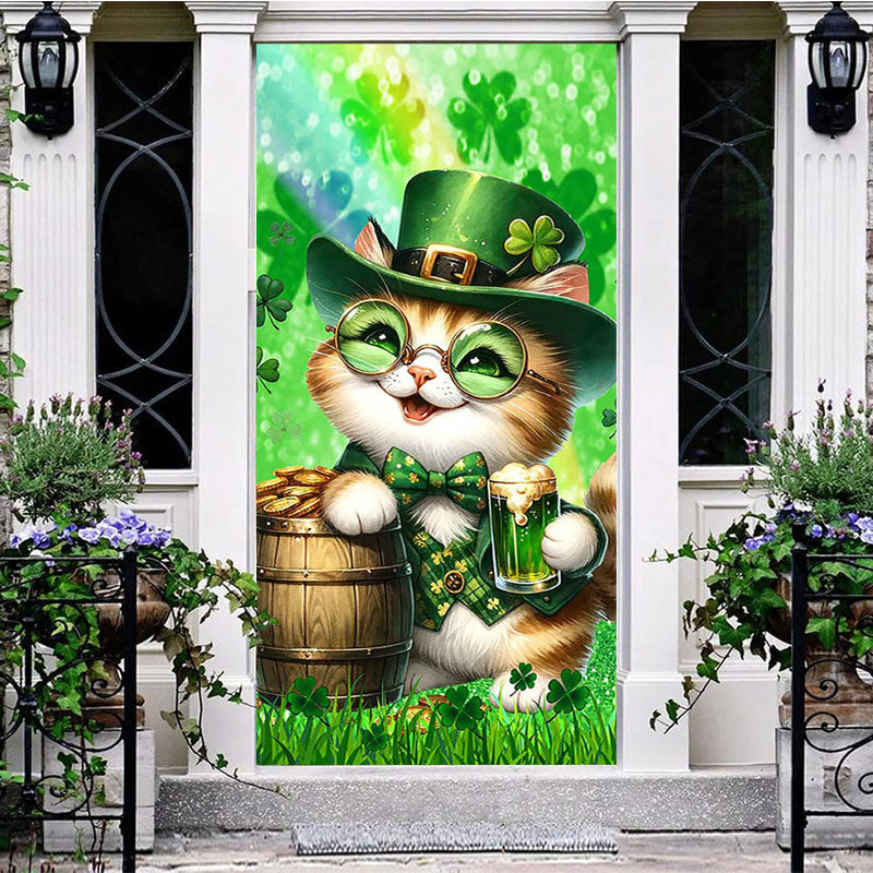 Aperturee - Aperturee Green Clover Smile Cats St Patricks Day Door Cover