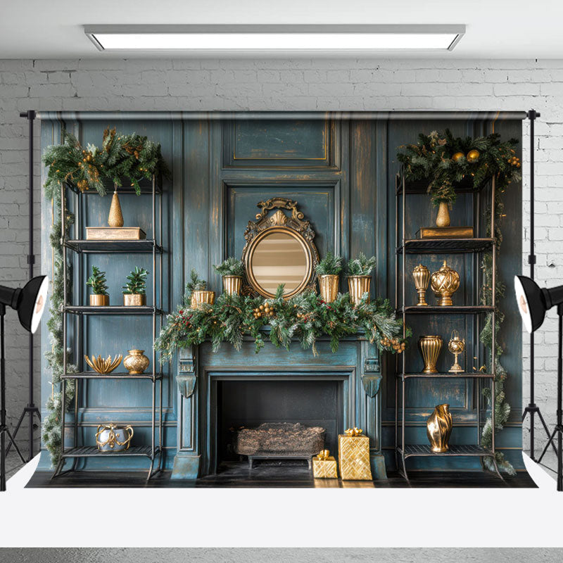 Aperturee - Aperturee Green Cozy Fireplace Christmas Photography Backdrop