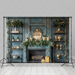 Aperturee - Aperturee Green Cozy Fireplace Christmas Photography Backdrop