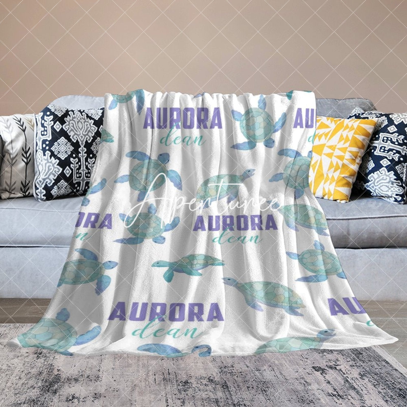 Aperturee - Aperturee Green Cute Sea Turtle White Custom Name Blanket