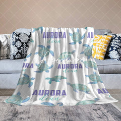 Aperturee - Aperturee Green Cute Sea Turtle White Custom Name Blanket