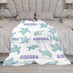 Aperturee - Aperturee Green Cute Sea Turtle White Custom Name Blanket