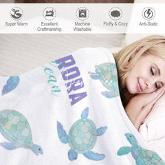 Aperturee - Aperturee Green Cute Sea Turtle White Custom Name Blanket