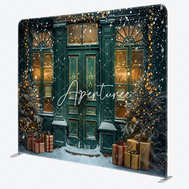 Aperturee - Aperturee Green Door Gift Winter Snowy Pillow Cover Backdrop