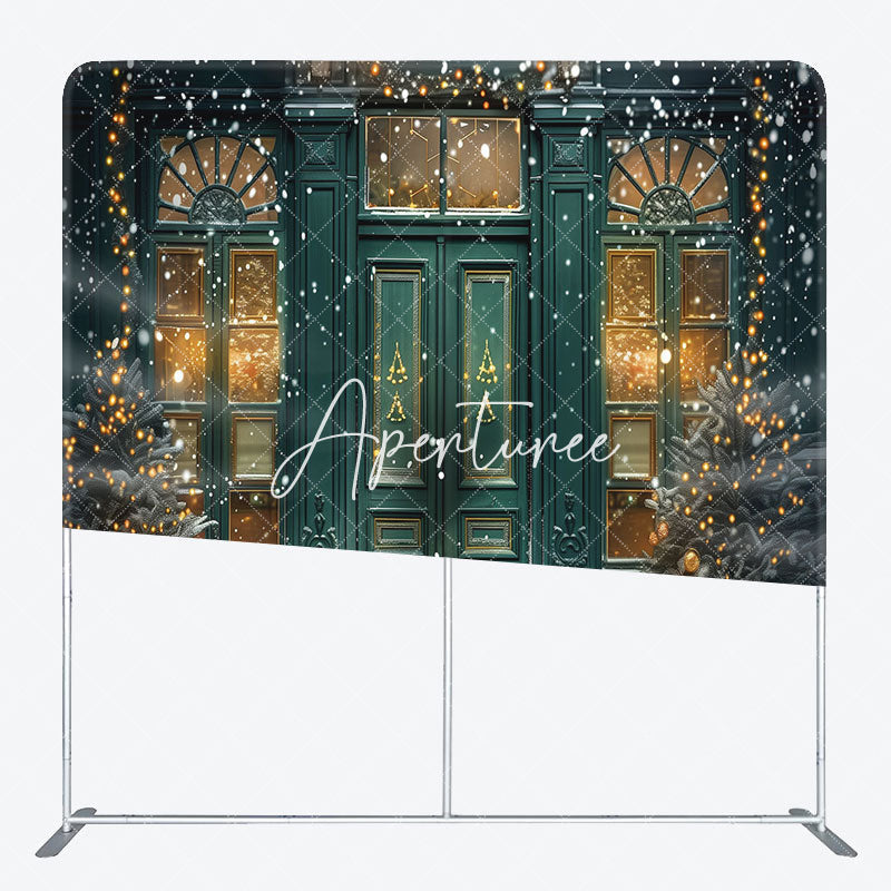 Aperturee - Aperturee Green Door Gift Winter Snowy Pillow Cover Backdrop