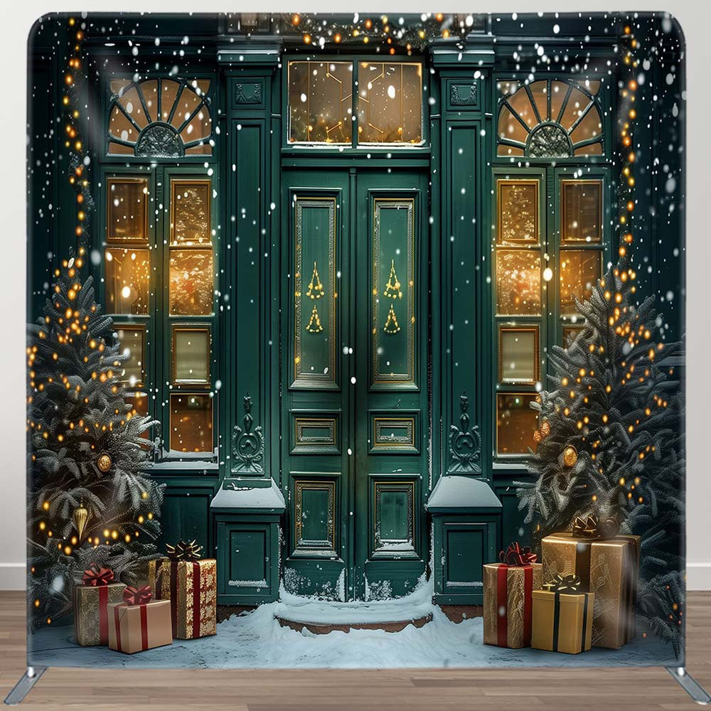 Aperturee - Aperturee Green Door Gift Winter Snowy Pillow Cover Backdrop