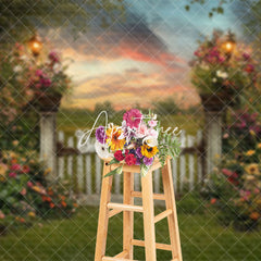 Aperturee - Aperturee Green Field Fence Floral Sunset Spring Backdrop