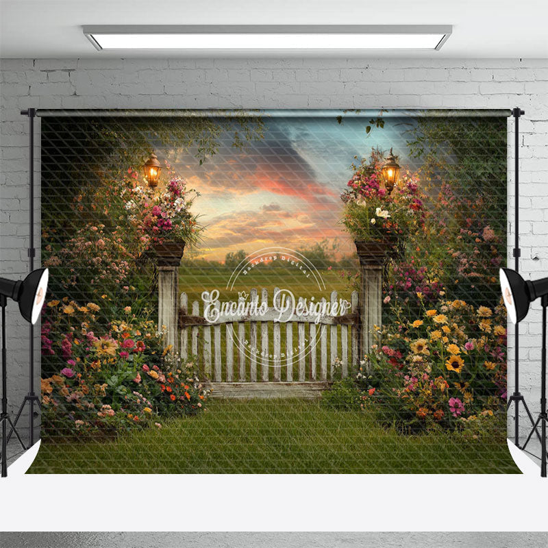 Aperturee - Aperturee Green Field Fence Floral Sunset Spring Backdrop