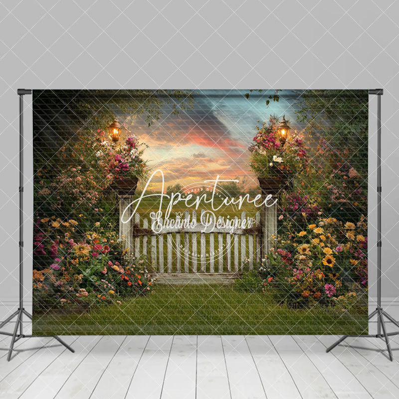 Aperturee - Aperturee Green Field Fence Floral Sunset Spring Backdrop