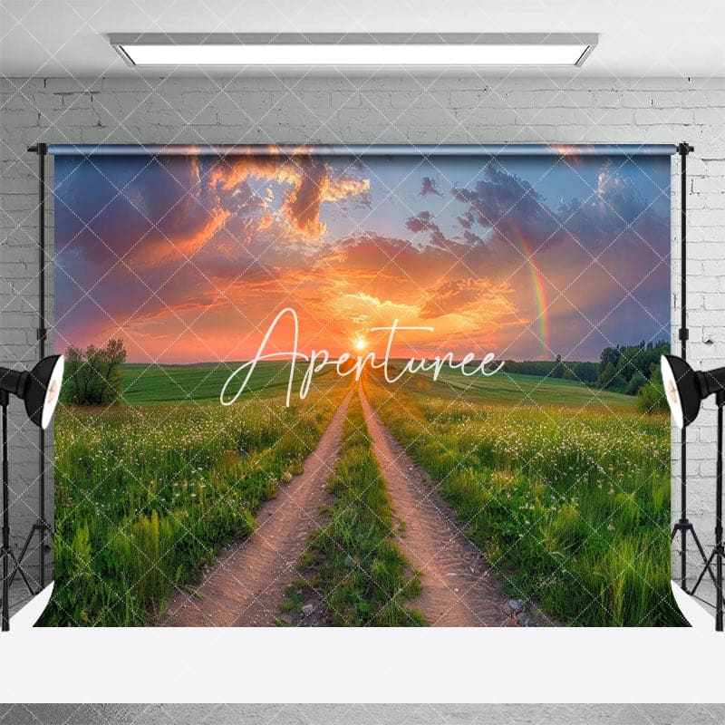 Aperturee - Aperturee Green Field Sunset Rainbow Natural Scene Backdrop