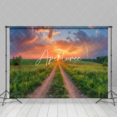 Aperturee - Aperturee Green Field Sunset Rainbow Natural Scene Backdrop