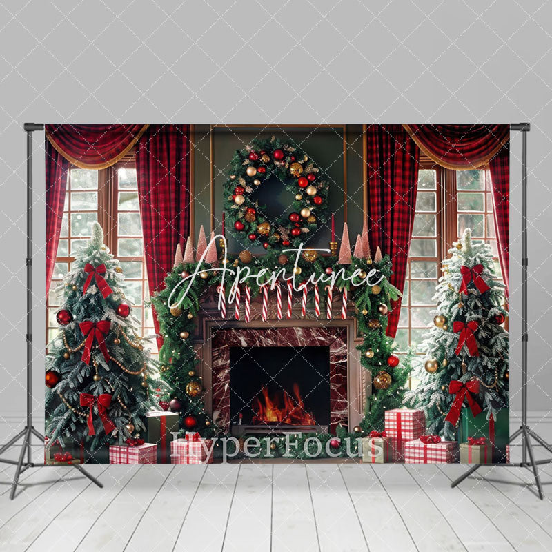 Aperturee - Aperturee Green Fireplace Red Curtain Christmas Vibe Backdrop