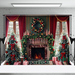 Aperturee - Aperturee Green Fireplace Red Curtain Christmas Vibe Backdrop