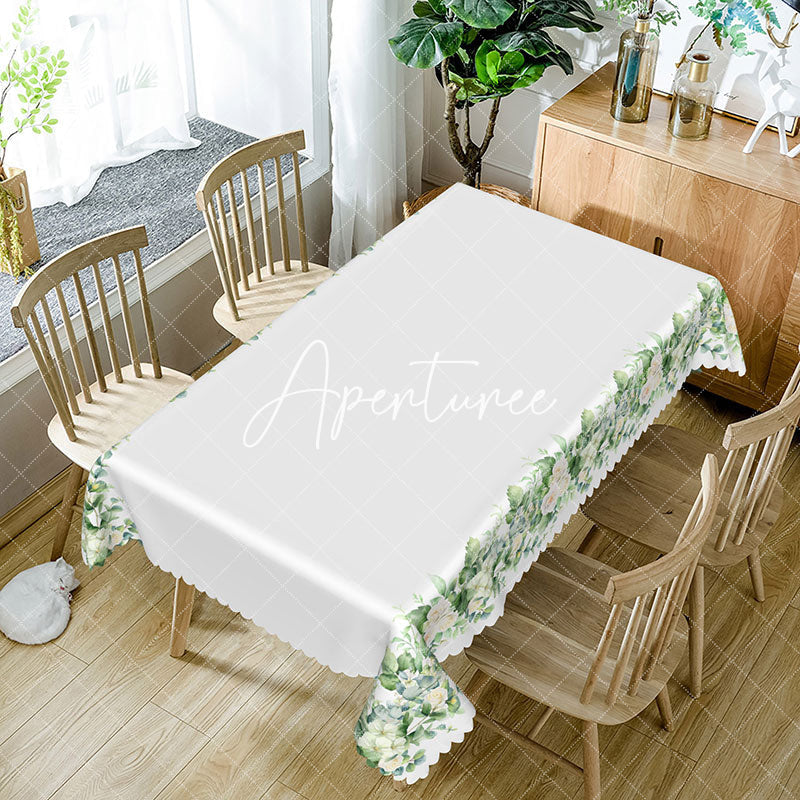 Aperturee - Aperturee Green Floral White Spring Rectangle Tablecloth