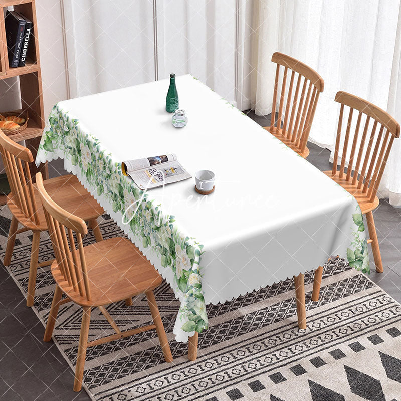 Aperturee - Aperturee Green Floral White Spring Rectangle Tablecloth