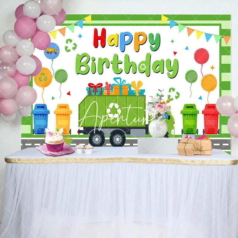 Aperturee - Aperturee Green Garbage Truck Gifts Happy Birthday Backdrop