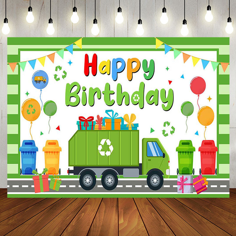 Aperturee - Aperturee Green Garbage Truck Gifts Happy Birthday Backdrop