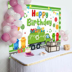 Aperturee - Aperturee Green Garbage Truck Gifts Happy Birthday Backdrop