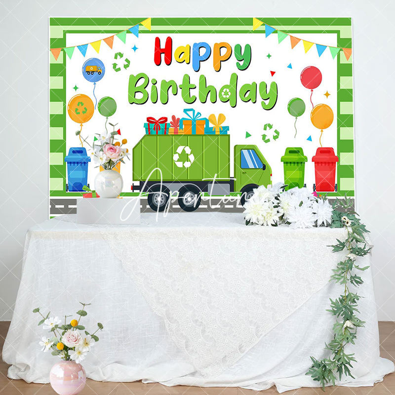 Aperturee - Aperturee Green Garbage Truck Gifts Happy Birthday Backdrop