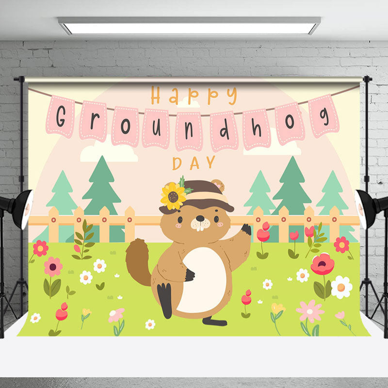 Aperturee - Aperturee Green Garden Floral Happy Groundhog Day Backdrop