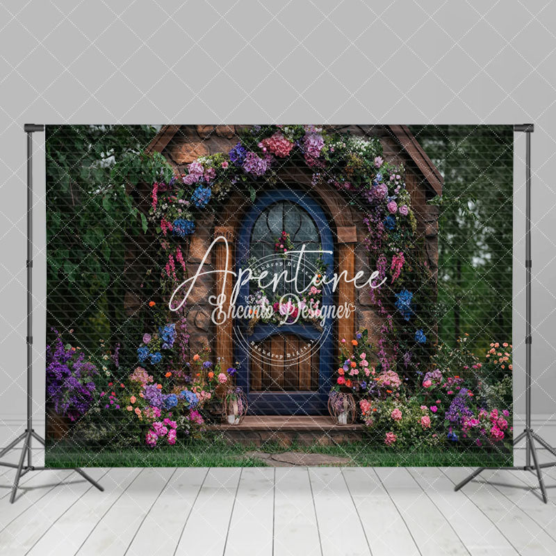 Aperturee - Aperturee Green Garden Floral Retro Stone Cabin Photo Backdrop