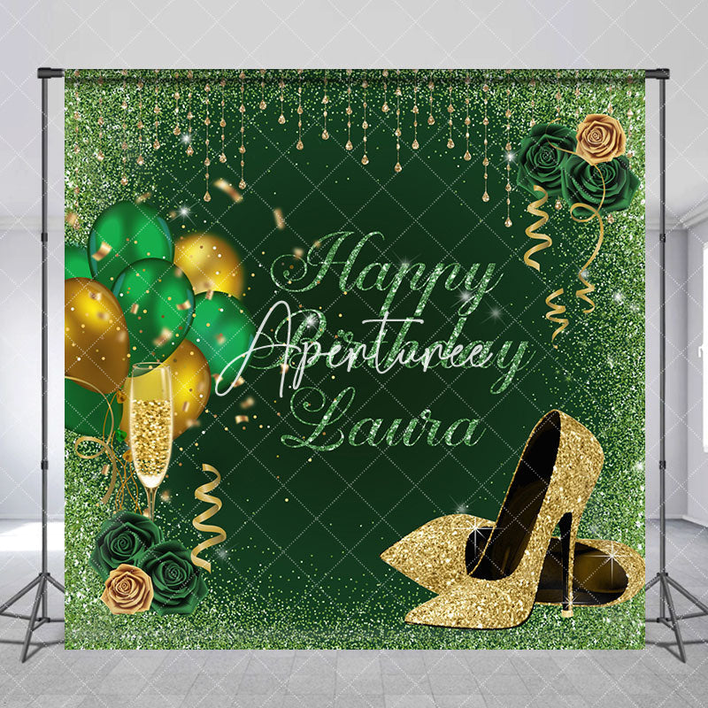 Aperturee - Aperturee Green Glitter Rose Custom Name Birthday Backdrop