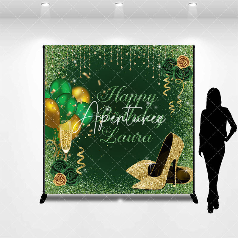 Aperturee - Aperturee Green Glitter Rose Custom Name Birthday Backdrop