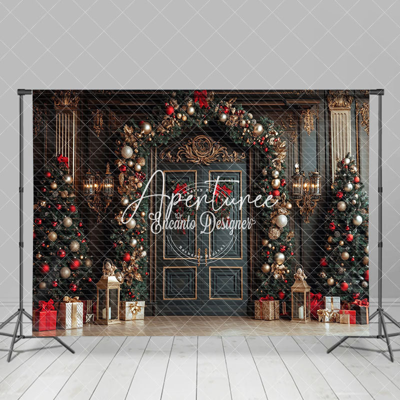 Aperturee - Aperturee Green Gold Door Festive Christmas Vibe Photo Backdrop