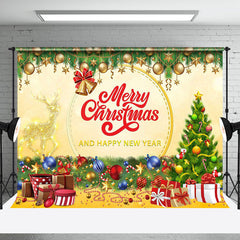 Aperturee - Aperturee Green Gold Gift Bells Trees Merry Christmas Backdrop