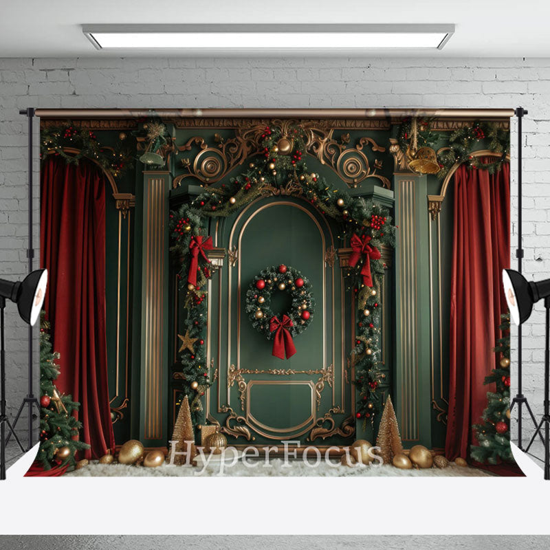 Aperturee - Aperturee Green Gold Luxury Wall Red Curtain Christmas Backdrop