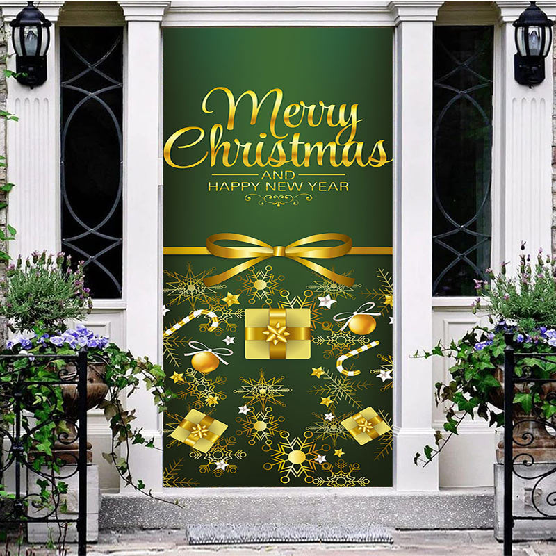 Aperturee - Aperturee Green Gold Merry Christmas Happy New Year Door Cover