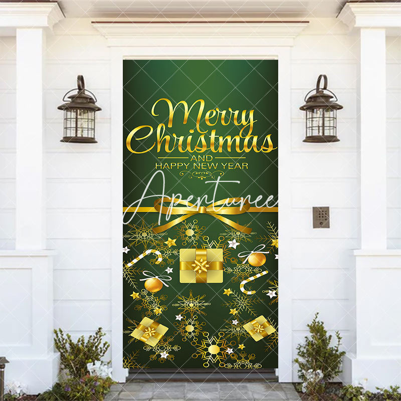 Aperturee - Aperturee Green Gold Merry Christmas Happy New Year Door Cover