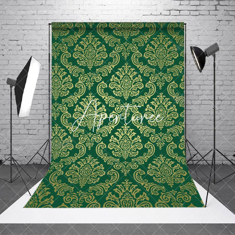 Aperturee - Aperturee Green Gold Vintage Floral Damask Pattern Backdrop