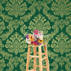 Aperturee - Aperturee Green Gold Vintage Floral Damask Pattern Backdrop