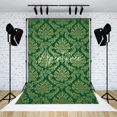 Aperturee - Aperturee Green Gold Vintage Floral Damask Pattern Backdrop