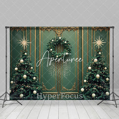 Aperturee - Aperturee Green Gold Wall Trees Wreath Christmas Vibe Backdrop