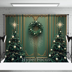 Aperturee - Aperturee Green Gold Wall Trees Wreath Christmas Vibe Backdrop