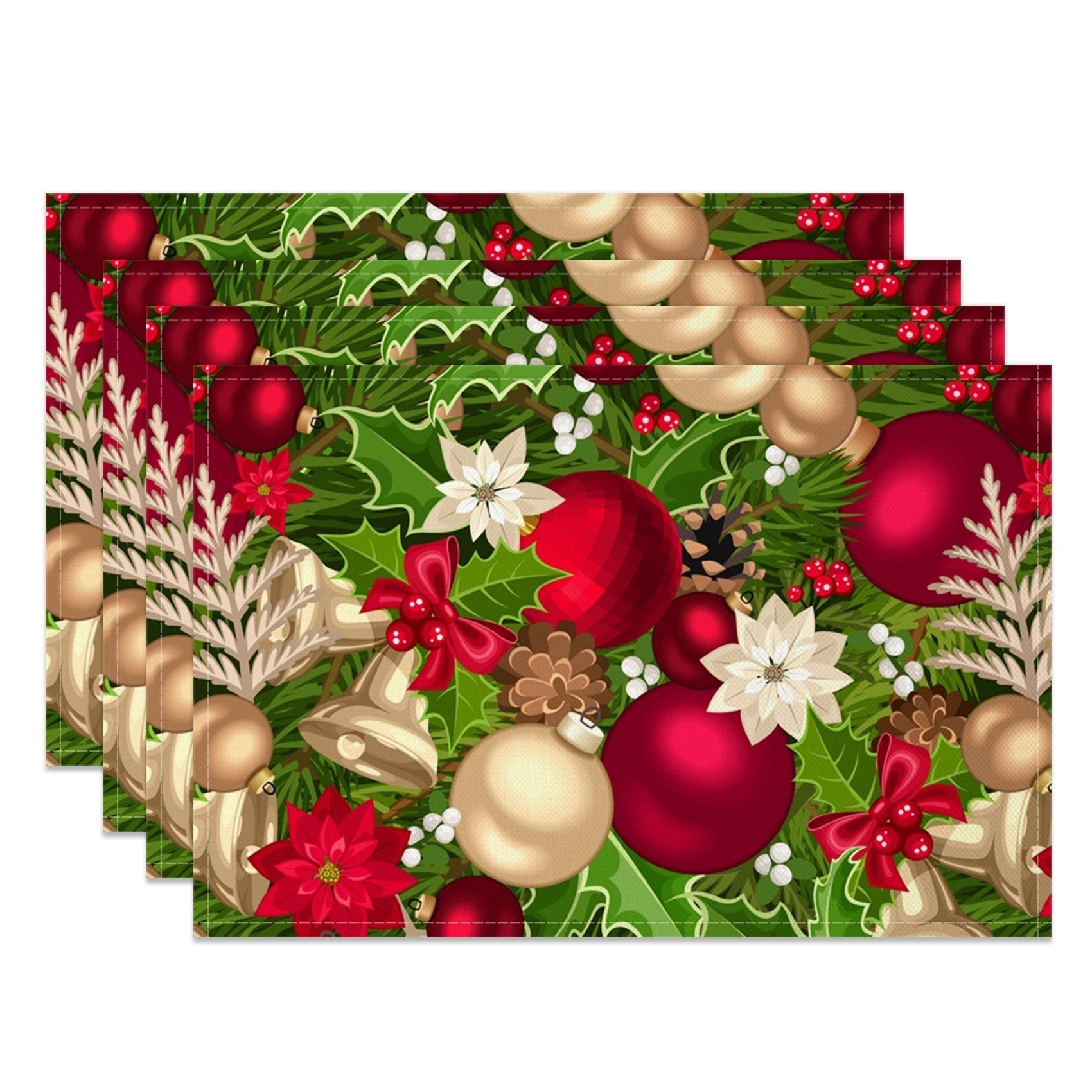 Aperturee - Aperturee Green Leaf Bells Floral Christmas Set Of 4 Placemats